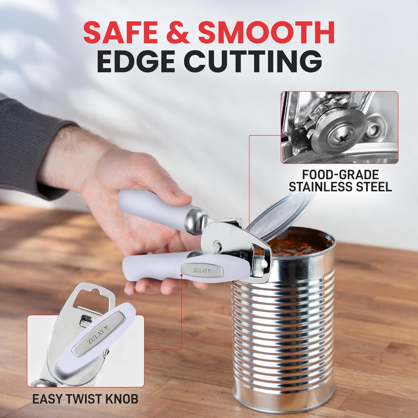 Zulay Kitchen Heavy Duty Stainless Steel Can Opener Manual with Bottle Opener - Rust Proof Manual Can Opener With Turn Knob & Comfy Soft Grip Handles - Light Lilac