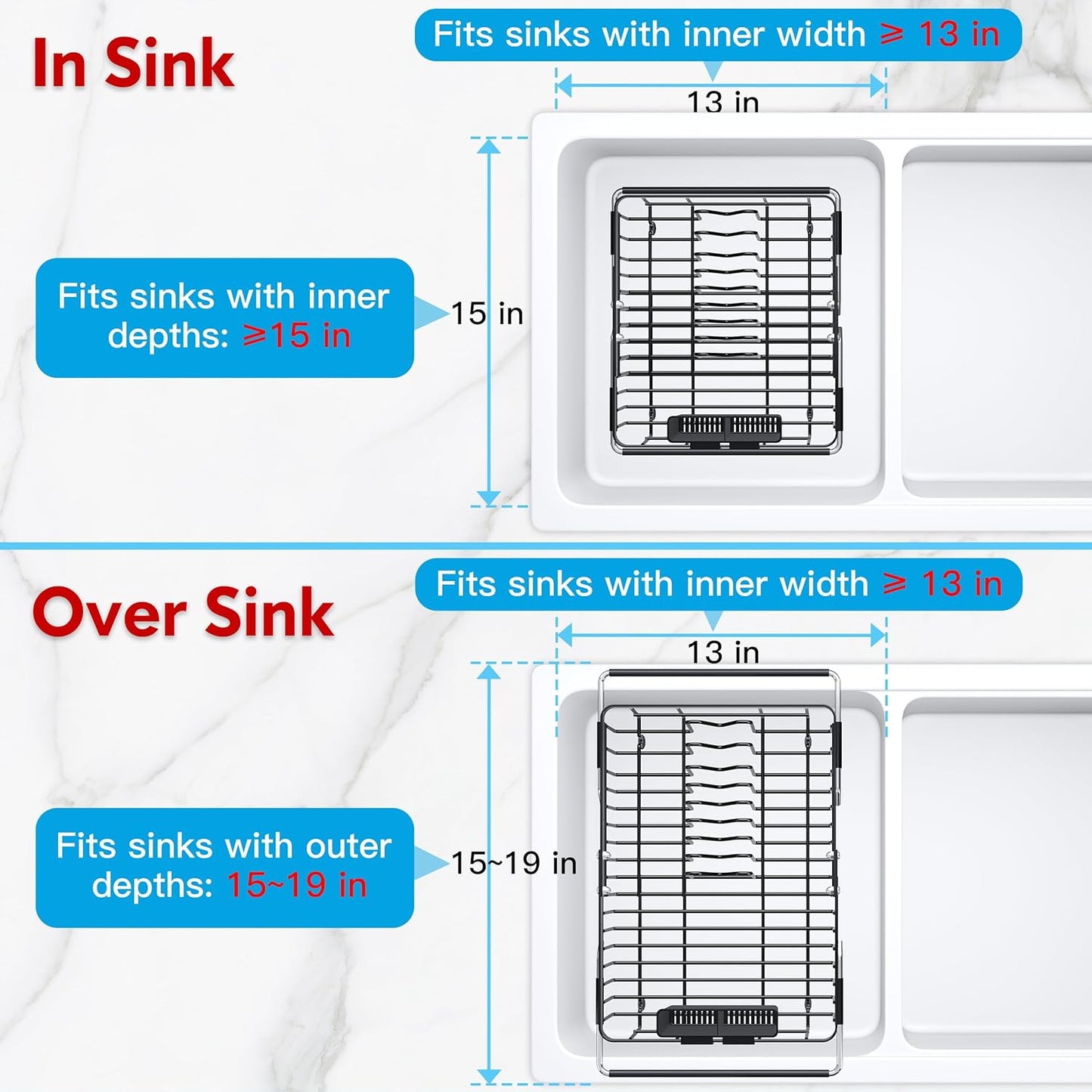JASIWAY in Sink Dish Drying Rack, Expandable Stainless Steel Dish Drainers for Kitchen Sink, Over Sink Dish Drying Rack with Utensil Holder, 13.1''~16.6''D x 11.8''W, Black