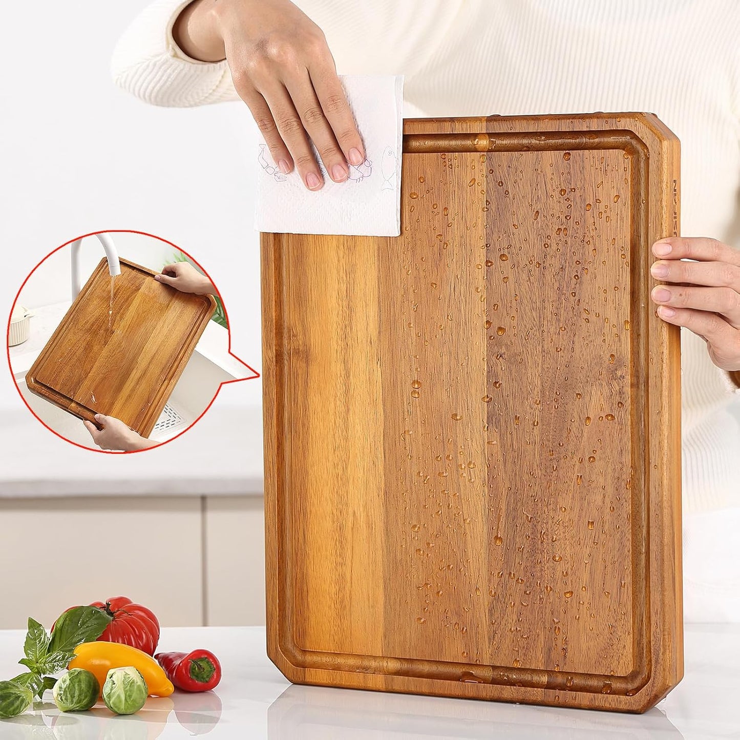 Acacia Wood Cutting Boards for Kitchen,Large Wooden Cutting Boards for Chopping Meat, Cheese, Fruits, and Vegetables，Extra Large Charcuterie Board with Handles, Juice Groove