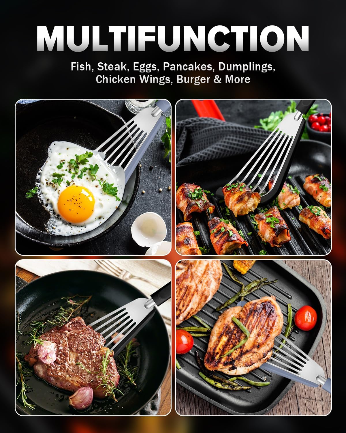 Silicone Fish Spatula Turner Set of 2, Thin Slotted Spatulas Turner for Nonstick Cookware,Heat Resistant Flexible Stainless Steel Kitchen Cooking Spatula Flipper for Fish, Egg, Pancake (BG)