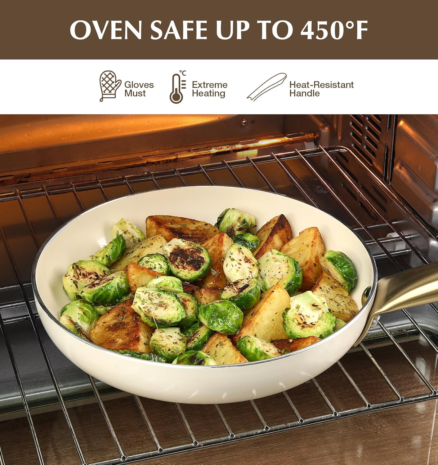 KOCH SYSTEME CS Nonstick Frying Pan with Lid, 8 Inch Non-Stick Skillet with Gold Stay-Cool Stainless Steel Handle, Omelet Pan with Nonstick Ceramic Coating, PFOA Free, Oven Safe, Cream White