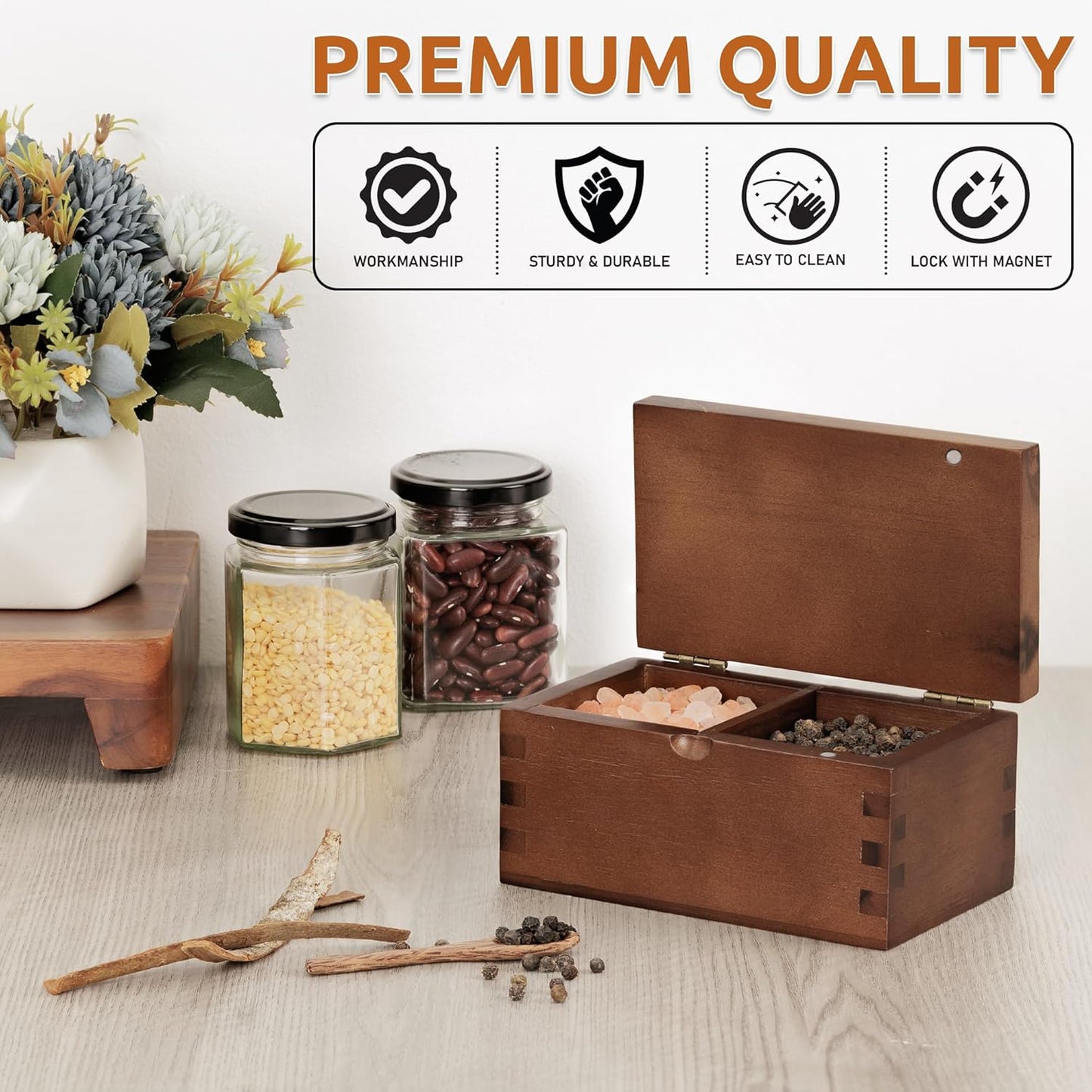 Demigo Salt Cellar Acacia Wood Salt Box with Flip Lid, 5.6x3.6x3 Inches 20 oz Large Storage Space, Perfect Container for Keeping Salt, Spice, Herbs or Favorite Seasonings (Dark Brown)