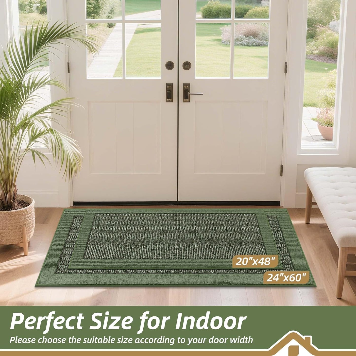 BEQHAUSE Indoor Door Mat 24" x 60", Dirt Trapper Door Mats Non-Slip Entryway Rugs Washable, Resist Dirt Absorbent Welcome Mat, Low Profile Floor Mats for Front Back Door and Entryway, Green