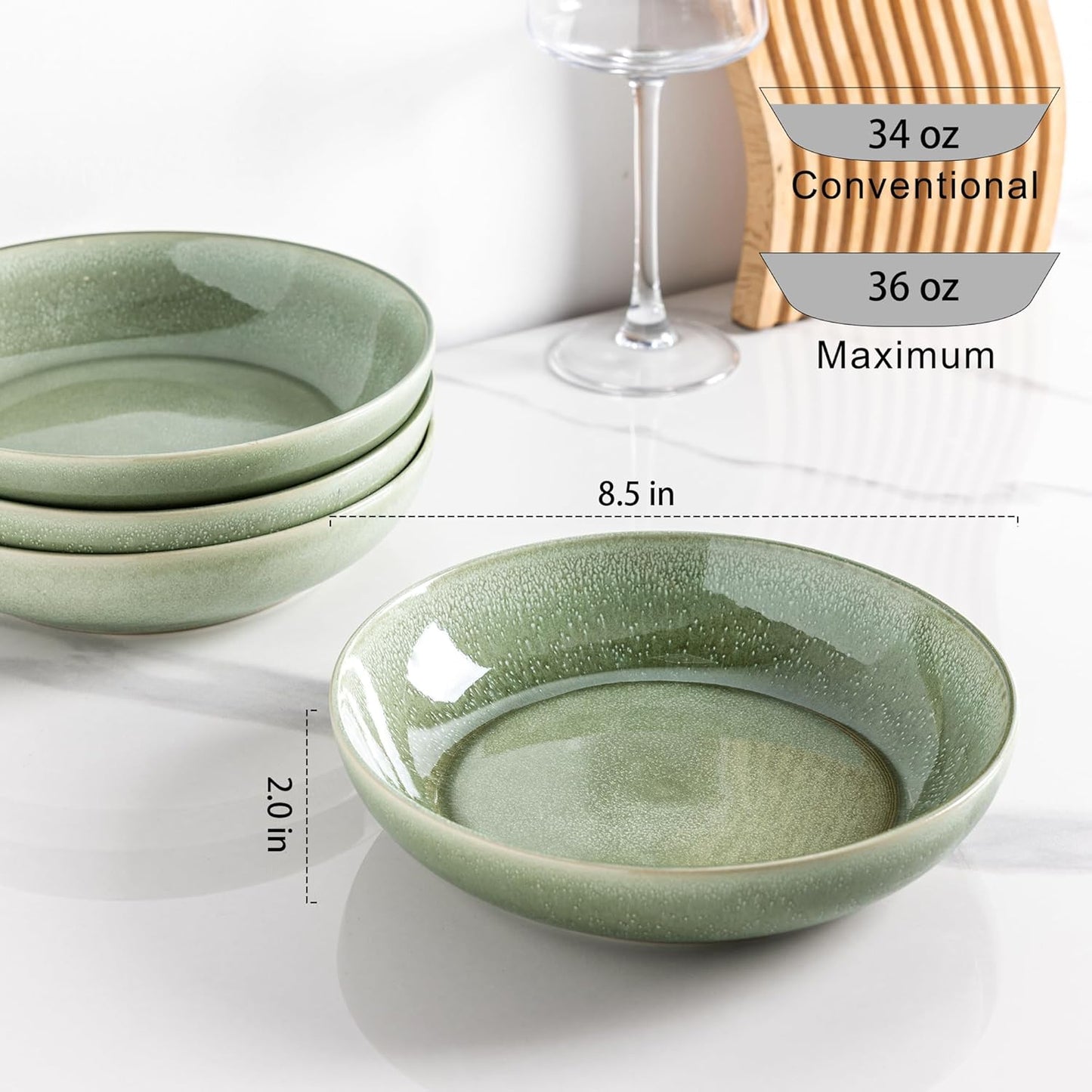 AmorArc 8.5'' Large Ceramic Pasta Bowls Set, 36oz Stoneware Bowls Set of 4 for Kitchen, Reavtive Glaze Bowls-Microwave,Dishwasher Safe for Pasta,Salad,Oatmeal-Olive Green