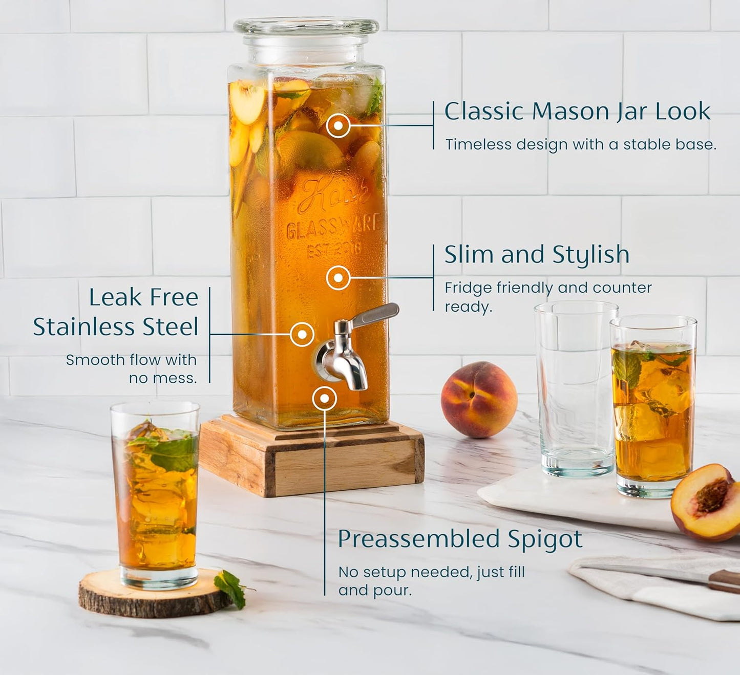 Kook Glass Drink Dispenser, with Leak-Proof Stainless Steel Spigot, Clear Rectangular Mason Jar, Beverage Storage for Fridge, for Water, Iced Tea, Sangria, Lemonade, 80 oz (2)
