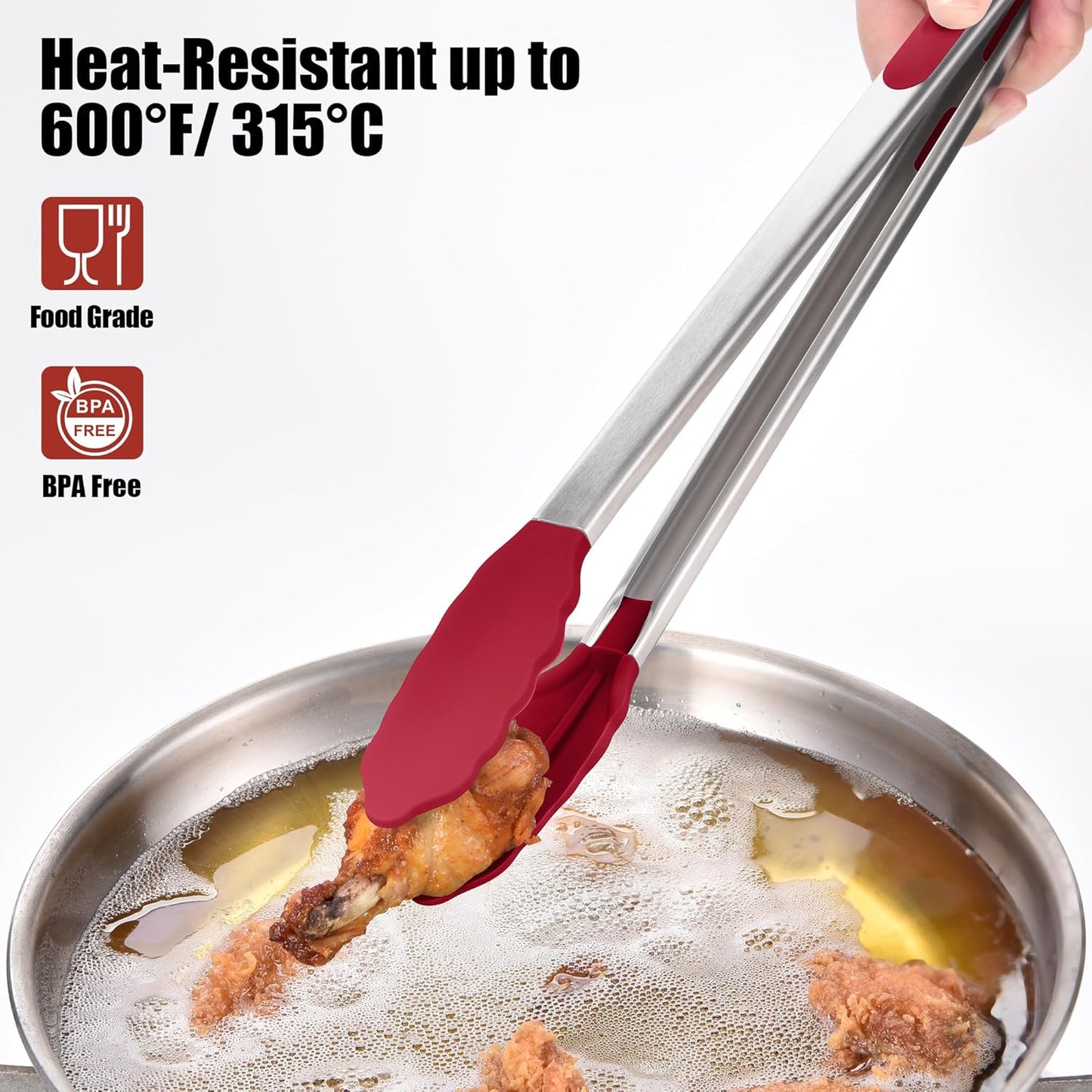 Doosu Kitchen Tongs for Cooking - 600°F Heat Resistant Food Tong with Non-Scratch Silicone Tips, Heavy Duty Stainless Steel Locking Tong for BBQ, Grilling Steak, Serving Salad, Pasta (16in, Red)
