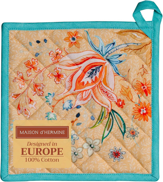 Maison d' Hermine Pot Holders 100% Cotton Heat Resistant Potholders 8" x 8" Hot Pads with Loop BBQ, Cooking, Baking, Grilling, Kitchen, Handling Hot Pans Spring/Summer (Pack of 1, Luxury Loft – Peach)