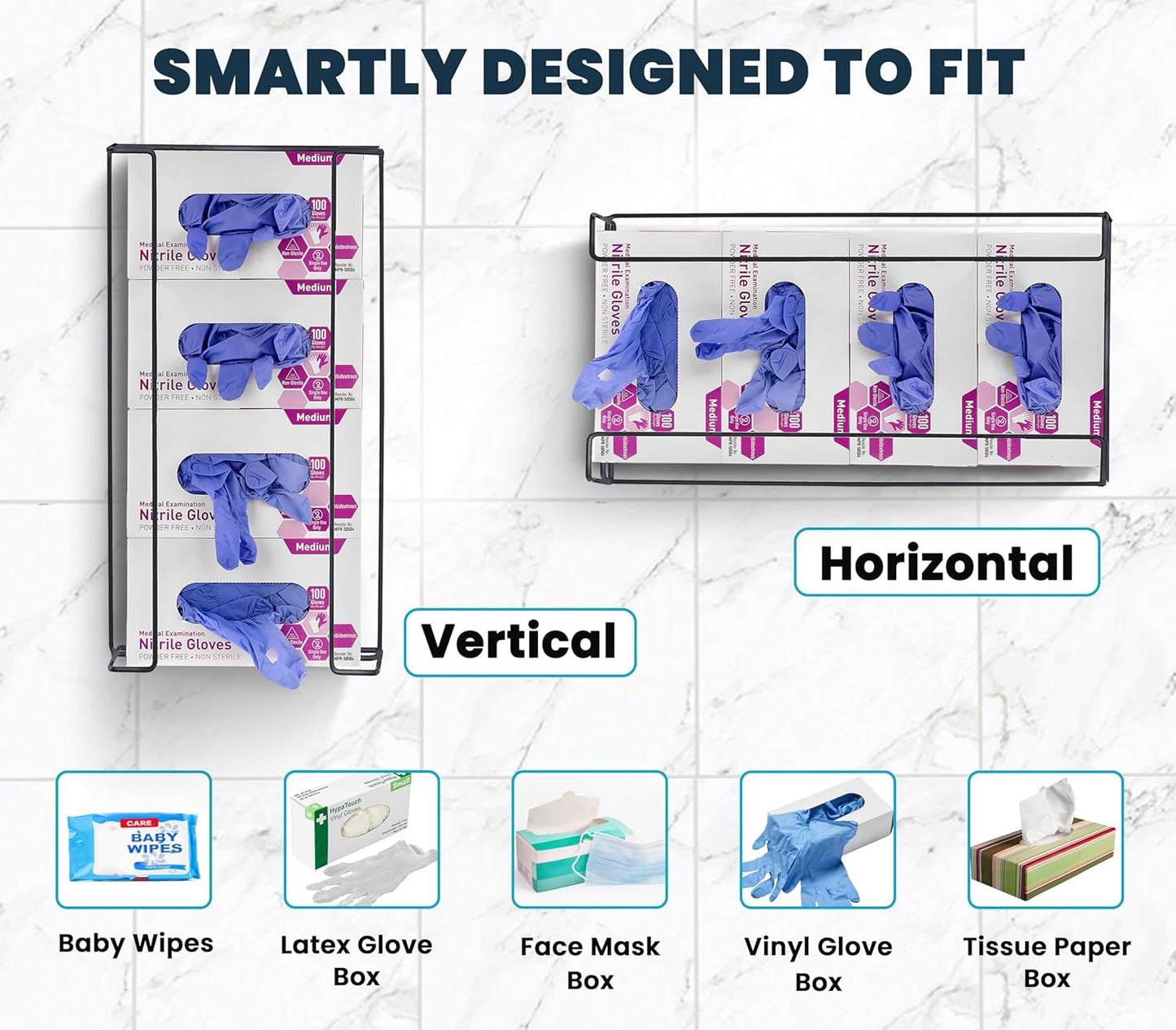 Alpine Glove Holder for Wall Mount Latex Gloves - Wire Box Dispenser for Disposable Gloves, Tissues, Masks, Wipes & More - Fits 4 Boxes (Black)