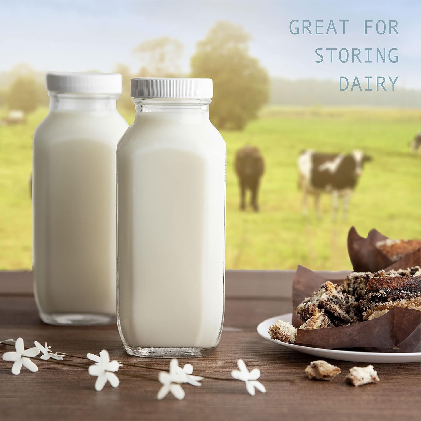 kitchentoolz 16oz Square Glass Milk Bottles with Airtight Plastic Lids – Pack of 4 | Reusable Milk Containers for Fridge & Lunchbox Storage – Ideal for Dairy, Smoothies, Juice, Water & More