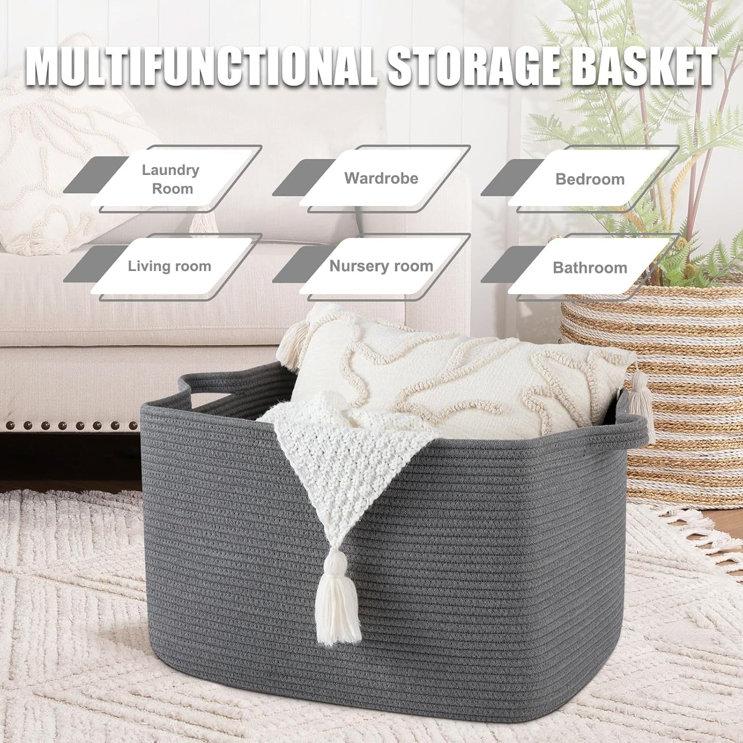 65L Large Storage Basket, Cotton Rope Woven Blanket Basket, Toy Storage for Baby Room, Living Room, Dark Grey