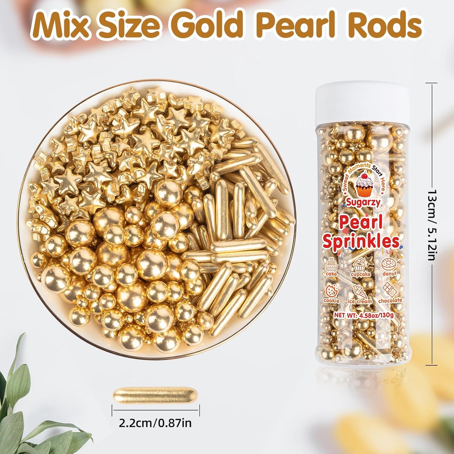 Gold Pearl Sprinkles,Edible Pearl Stars Rods Sugar Candy,Mix Size,Baking Cake Decorations,Cupcake Toppers,Cookie Donuts Ice Cream,Holiday,Birthday Wedding Party Valentines Christmas Supplies,130g/4.58oz