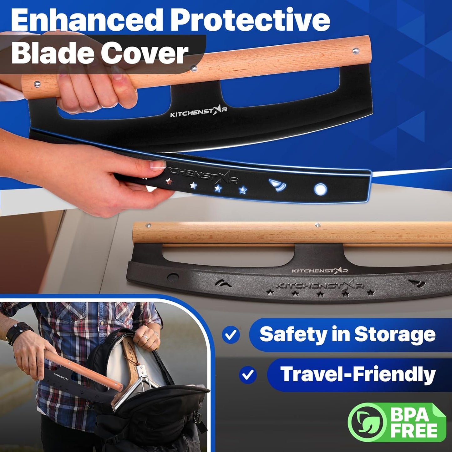 KitchenStar 16-Inch Pizza Cutter Rocker Blade - Razor Sharp Stainless Steel Slicer Knife, Stylish Beech Wood Handle, Protective Cover - Professional Pizza Oven Accessories, Black