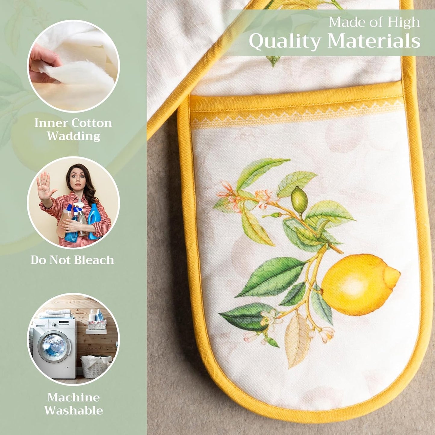 Maison d' Hermine Double Oven Mitts 100% Cotton 7"x35" Double Oven Mitt Heat Resistant BBQ Cooking Gloves with Loop, Baking, Grilling, Home, Kitchen, Handling Hot Pans Spring Summer (Limoncello)