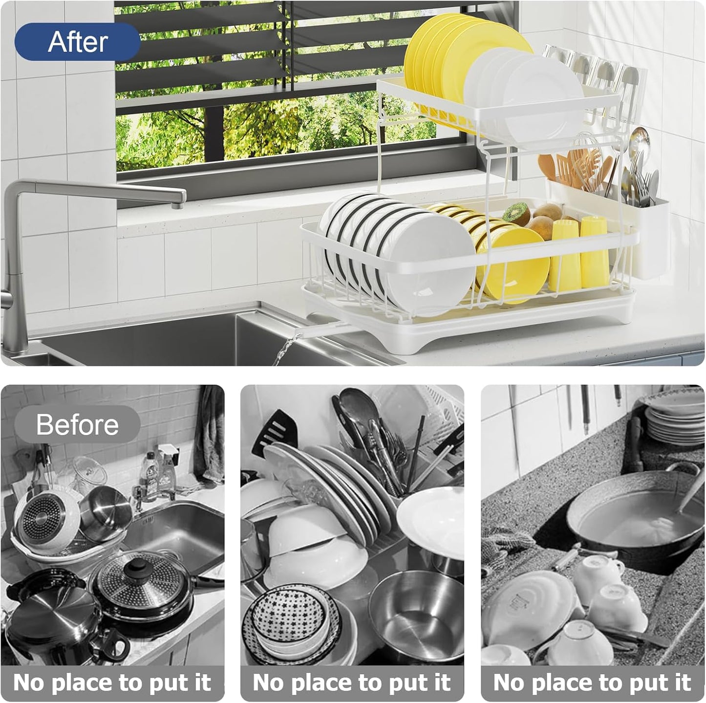 Dish Drying Rack 2-Tier Dish Racks for Kitchen Counter, Adjustable Spout Auto-Draining Dish Rack, Large Capacity for Plates, Bowls, Cups, Tableware，Dish Drainer with Drainboard,White