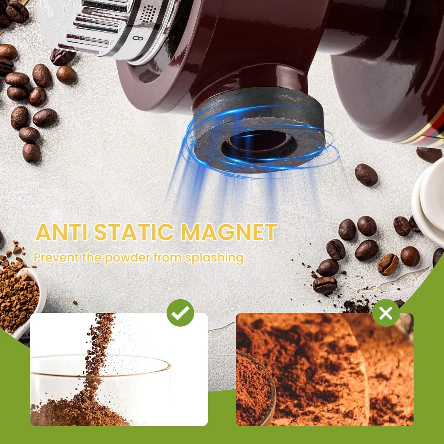 Burr Coffee Grinder - Electric Espresso Grinder for Home & Commercial Use, Silent, Adjustable Grind, With Hopper, Brush, Spoon, Red