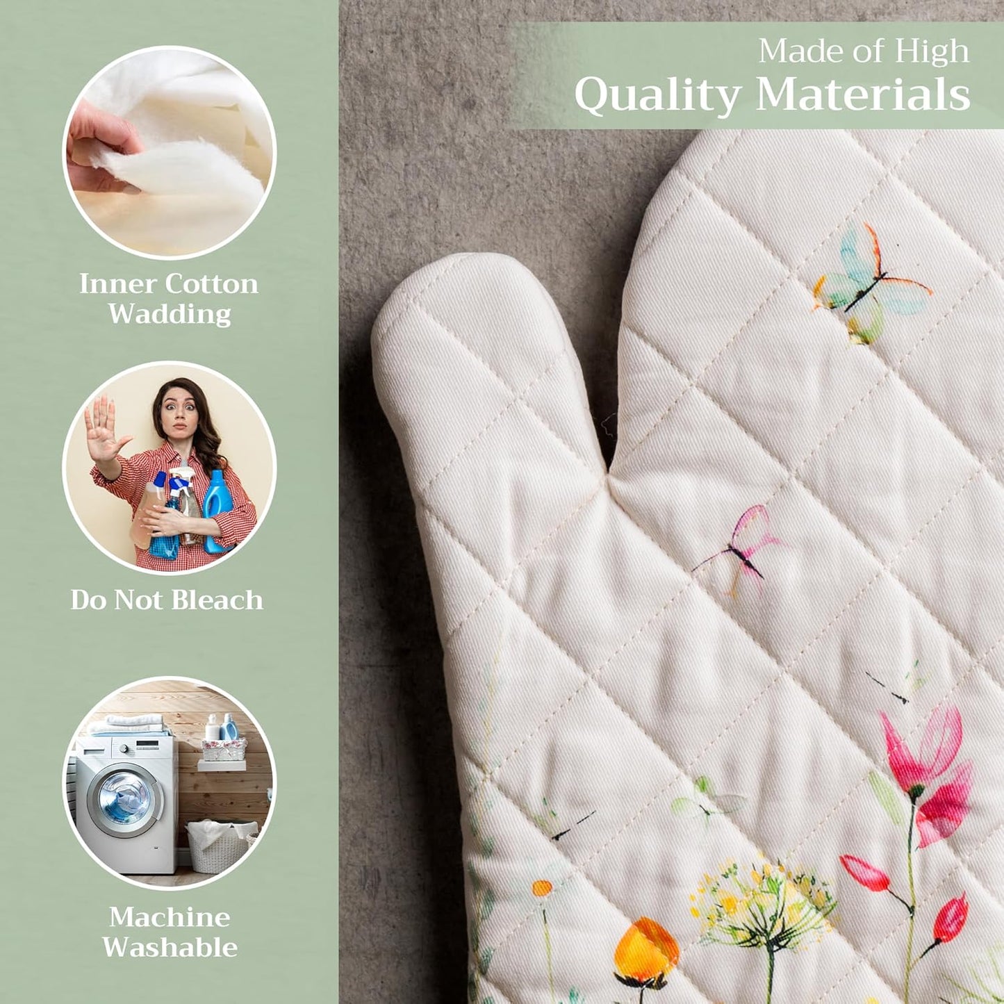 Maison d' Hermine Oven Gloves 100% Cotton Oven Mitt 7" x 13" with Loop Heat Resistant, BBQ, Cooking Gloves, Baking, Grilling, Kitchen, Handling Hot Pans Spring/Summer (Pack of 1, Botanical Fresh)