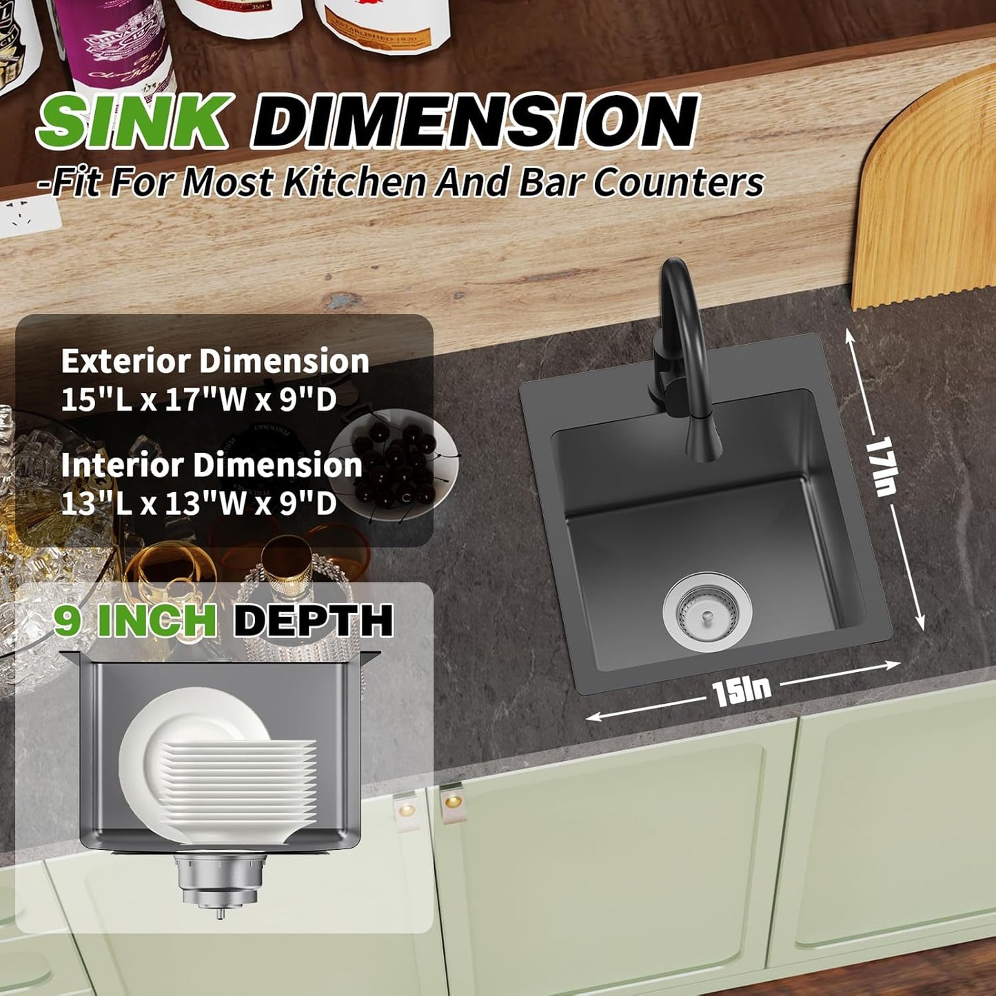 Black Kitchen And Bar Sink, 15x17 Inch Stainless Steel Drop In Kitchen Sink Modern Single Bowl Topmount Bar Sink Combo-Silicon Mat,Drain Strainer Set Compatibility With Various Kitchen & Bar Style