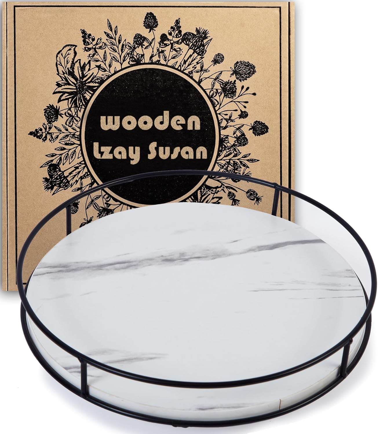 12 Inch White Wood Lazy Susan Turntable for Table, Kitchen Rustic Brown Turntable Organizer with Steel Frame, 360 Degree Decorative Lazy Susan for Countertop Cabinet or Centerpieces