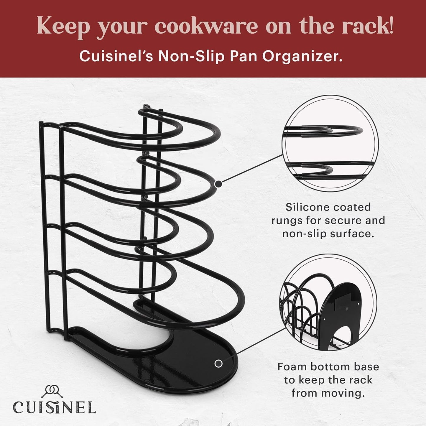 Cuisinel Pots and Pans Organizers - 2-Pack of Silicone-Coated Non-Slip 12" Heavy Duty Skillet Rack - Kitchen Organization Storage - Holds Cookie Sheets, Cutting Boards, Cast Iron Cookware, Dish Stand