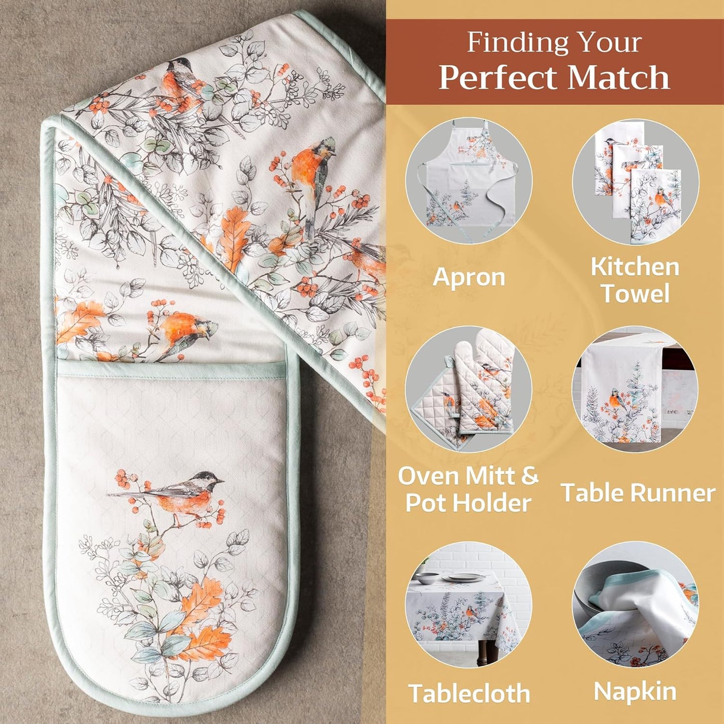 Maison d' Hermine Double Oven Mitt 100% Cotton Heat Resistant Cooking Gloves with Loop, Baking Barbeque, Handling Hot Pan, Whitish Shabby Chique - Thanksgiving/Christmas (7 Inch x 35 Inch)