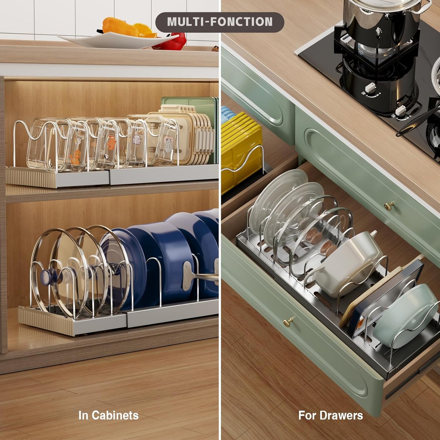 Expandable Food Storage Container Lid Organizers, 22" Pots and Pans Organizer Under Cabinet with 9 Adjustable Dividers Pot and Pan Lid Holders Rack Inside Cabinet(Gray,1 Pack)