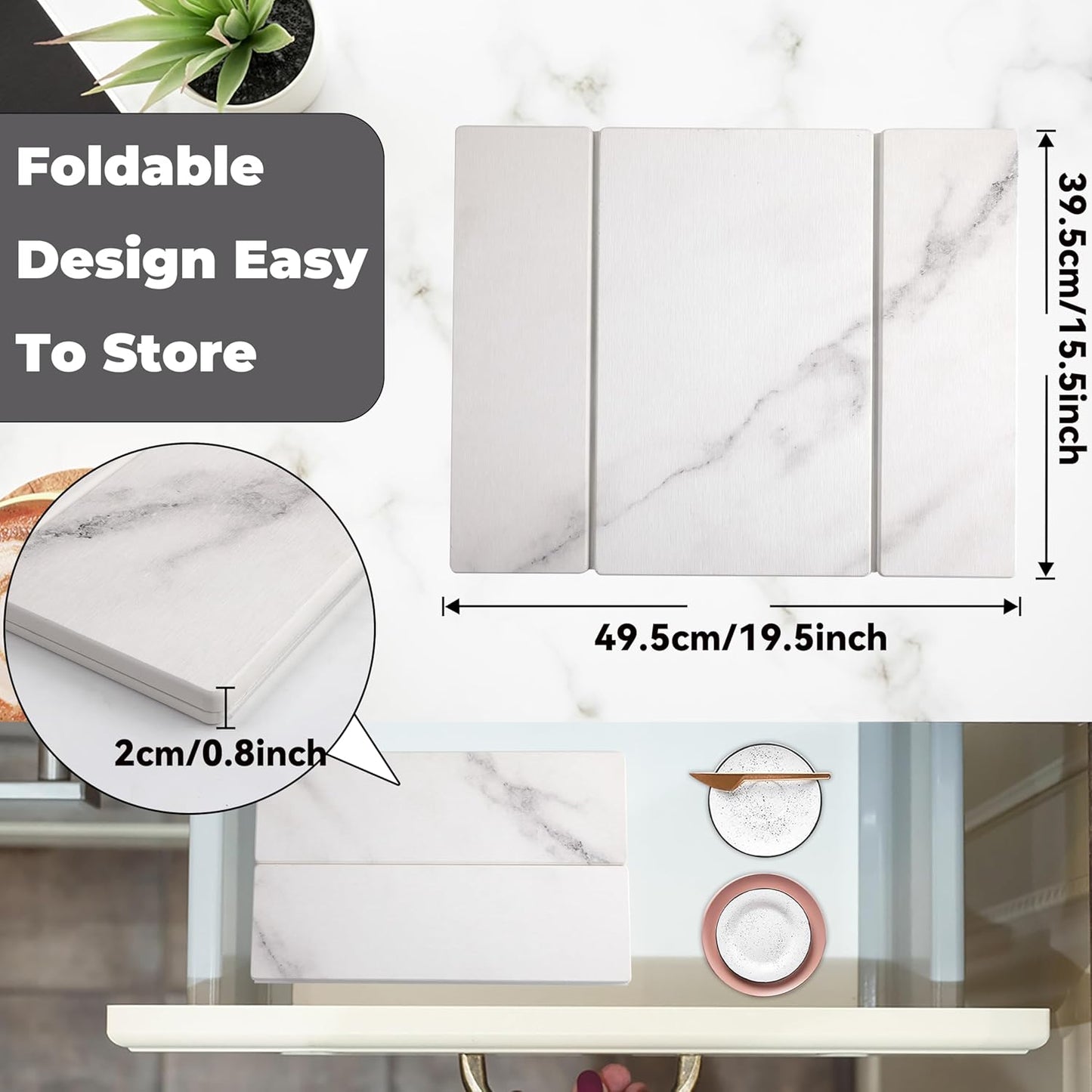 Quick Dry Collapsible Dish Drying Mat, Eco-Friendly Absorbent Diatomaceous Earth Mats for Dishes Bottles Cups 20"×16"Large Stone Dish Drying Mats for Kitchen Counter (White , 20"（L）×16"（W）)