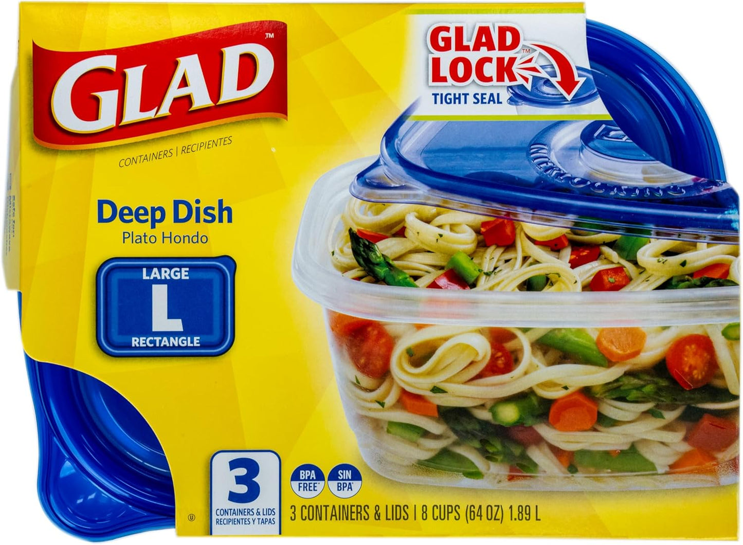 Glad GladWare Deep Dish Food Storage Containers, Large Rectangle - Meal Container Holds up to 64 Ounces of Food - Lock Tight Seal, 3 Count