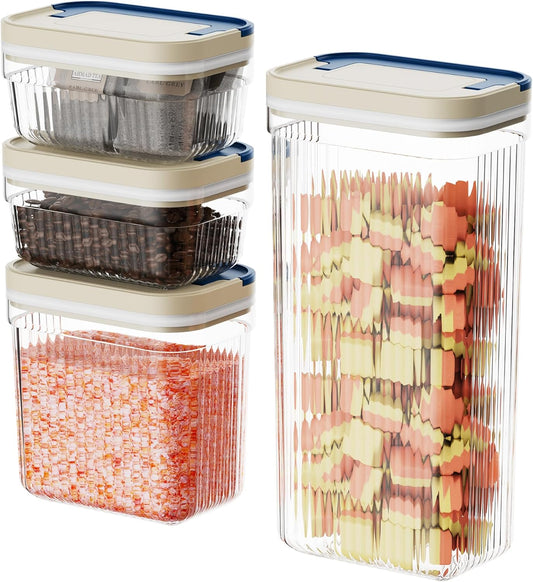 Flip-Lock Airtight Food Storage Containers 4-PC (0.6 Qt*2+1.6 Qt+3.4 Qt), Leakproof Ring Seal Top, Anti-Slip Plastic Pantry Canister for Flour Sugar,Cereal,Coffee,Dog Treat, White