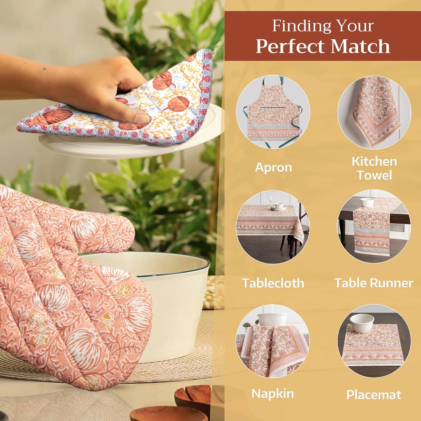 Maison d' Hermine 100% Cotton Oven Mitt & Pot Holder Set (7.5"x13" & 8"x8") Heat Resistant BBQ Cooking Gloves with Loop, Baking, Grilling, Kitchen, Handling Hot Pans (Nila)