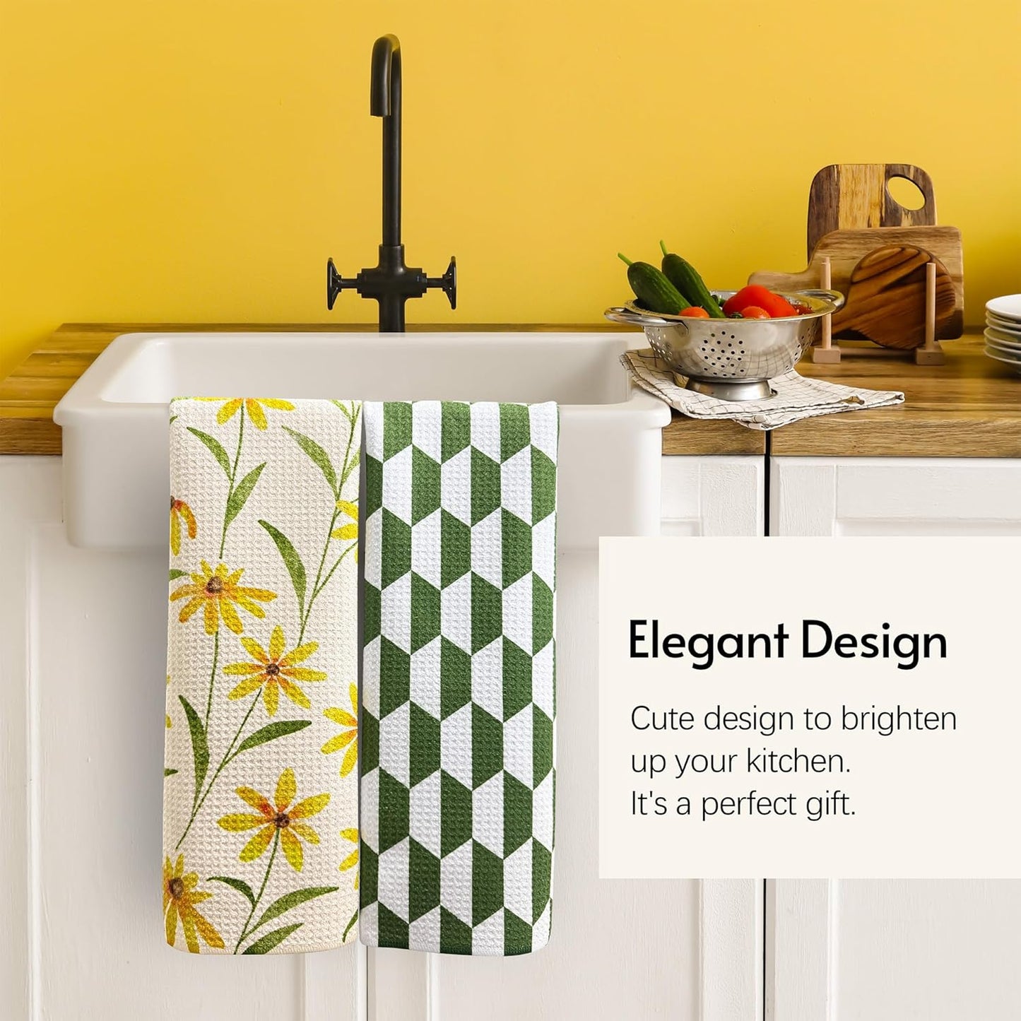 Kitchen Towels, 18" x 30" Tea Towels for Kitchen, Quick Dry Dish Towels for Kitchen Drying, Daisy Whimsy Series, 2-Pack