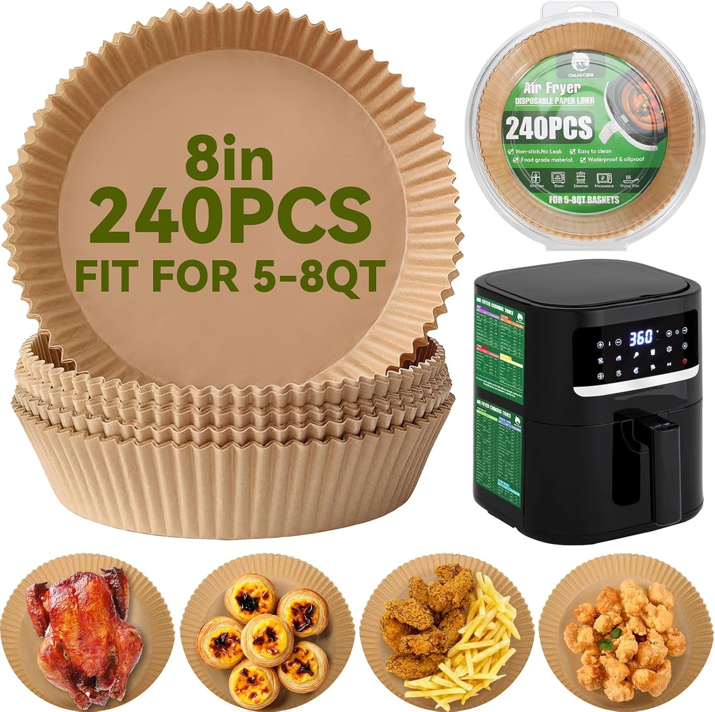 Air Fryer Liners,240 PCS Round Non-stick Disposable Paper Liners for 5-8QT, OAMCEG 8 inch Air Fryer Parchment Baking Paper for Frying, Baking, Cooking, Roasting and Microwave