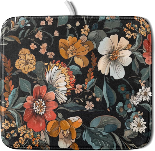 Vintage Floral Dish Drying Mat 16x18 inch Boho Flower Drainer Mats Fast Dry Absorbent Washable Dish Rack Pad Protector Kitchen Accessories