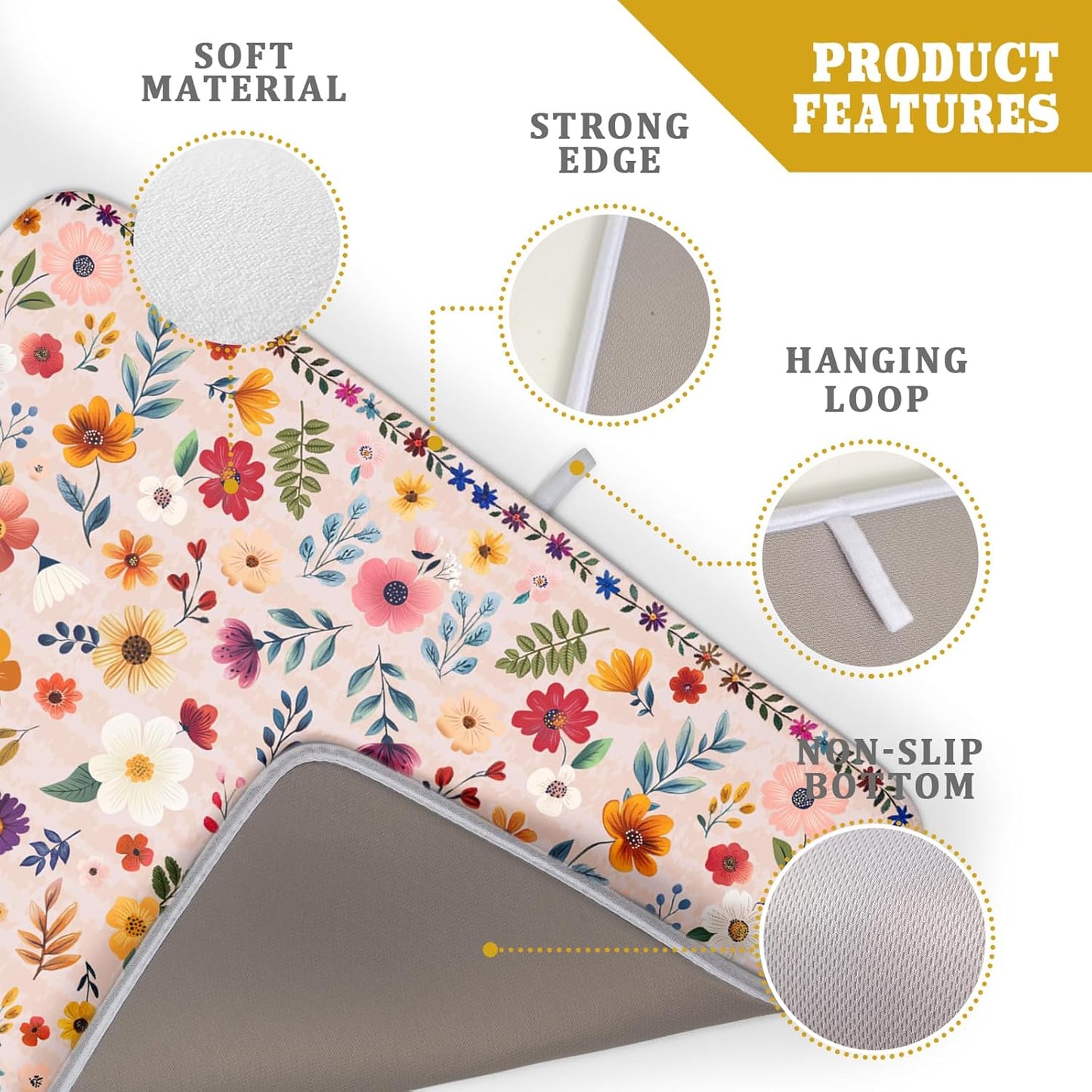 Spring Flowers Dish Drying Mat - Summer Pink Floral Washable Decorative Drying Pad for Women Home Kitchen Decor