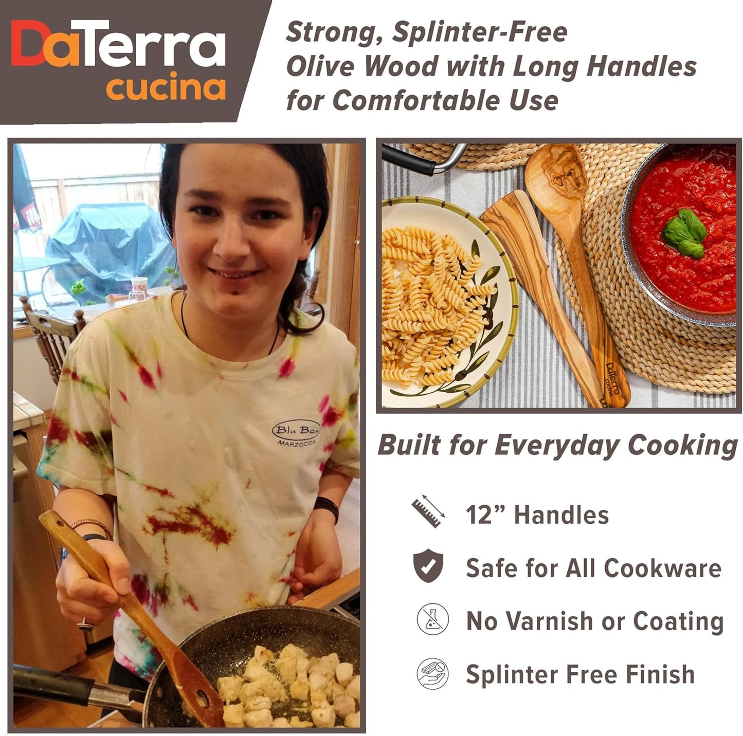 12-Inch Olive Wood Cooking Tools – 5-Piece Wooden Kitchen Utensils Set with Spoons, Spatulas & Cooking Tools – Wood Kitchen Utensils Set for Cooking – Crafted Wood Essentials by DaTerra Cucina