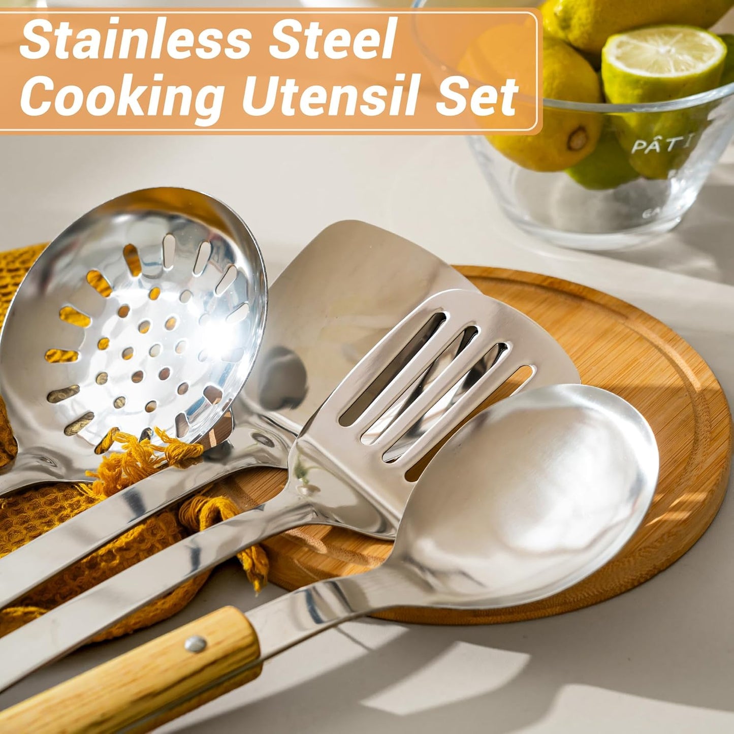 FJNATINH Cooking Utensils - Spatula and ladle Set with Wood Handle, 8 Pieces Wok Utensils Tools - Wok Accessories Cookware Set