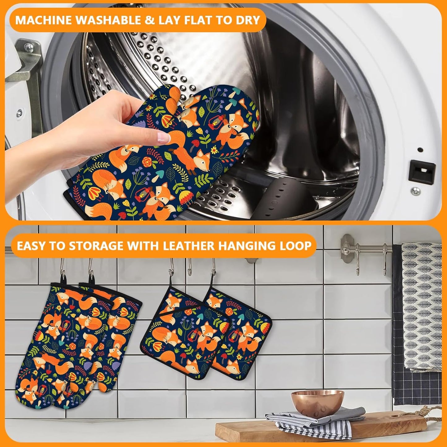 Cute Fox Oven Mitts and Pot Holders Sets 4Pcs,Extra Long Oven Gloves Potholder for Kitchen Cooking Baking BBQ 100% Cotton Heat Resistant