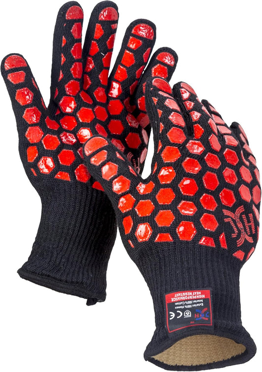 J H Heat Resistant Oven Glove:EN407 Certified 932 °F, 2 Layers Silicone Coating, Oven Mitts for Cooking, Kitchen, Fireplace,Camping, Grilling