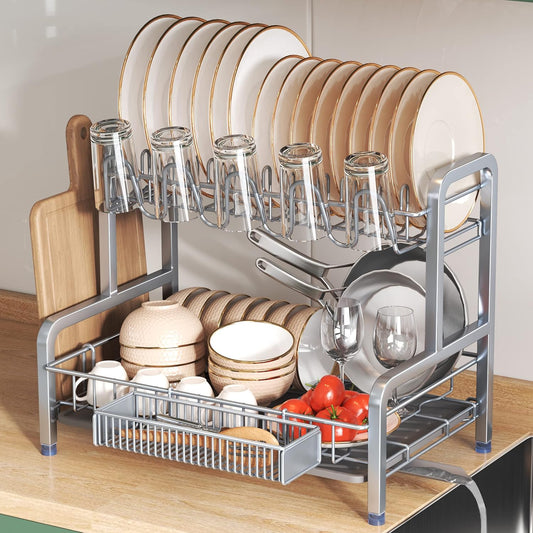 2 Tier Dish Drainers Drying Rack for Kitchen Counter Large Stainless Steel Dishes Drain with Drainboard, Space Saving, Big Modern Silver Countertop Metal Plates Dryer Strainer Holder and Extra Tray