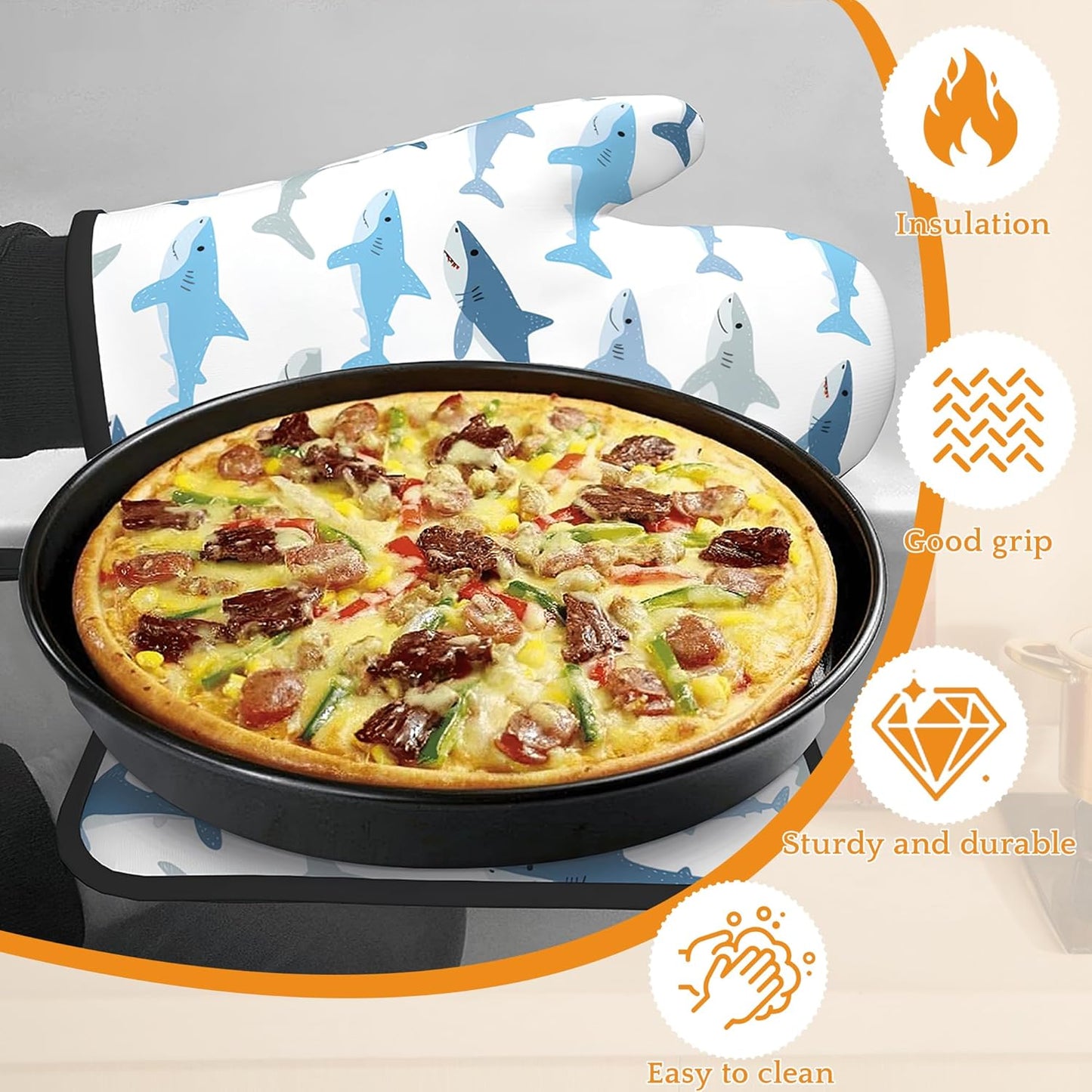 Cute Shark Oven Mitts and Pot Holders Set,Kitchen Decor Heat Resistant Non Slip Hot Pads and Oven Mitt for Chef Cooking Baking BBQ Mom Girl Gifts(4 Piece Set)