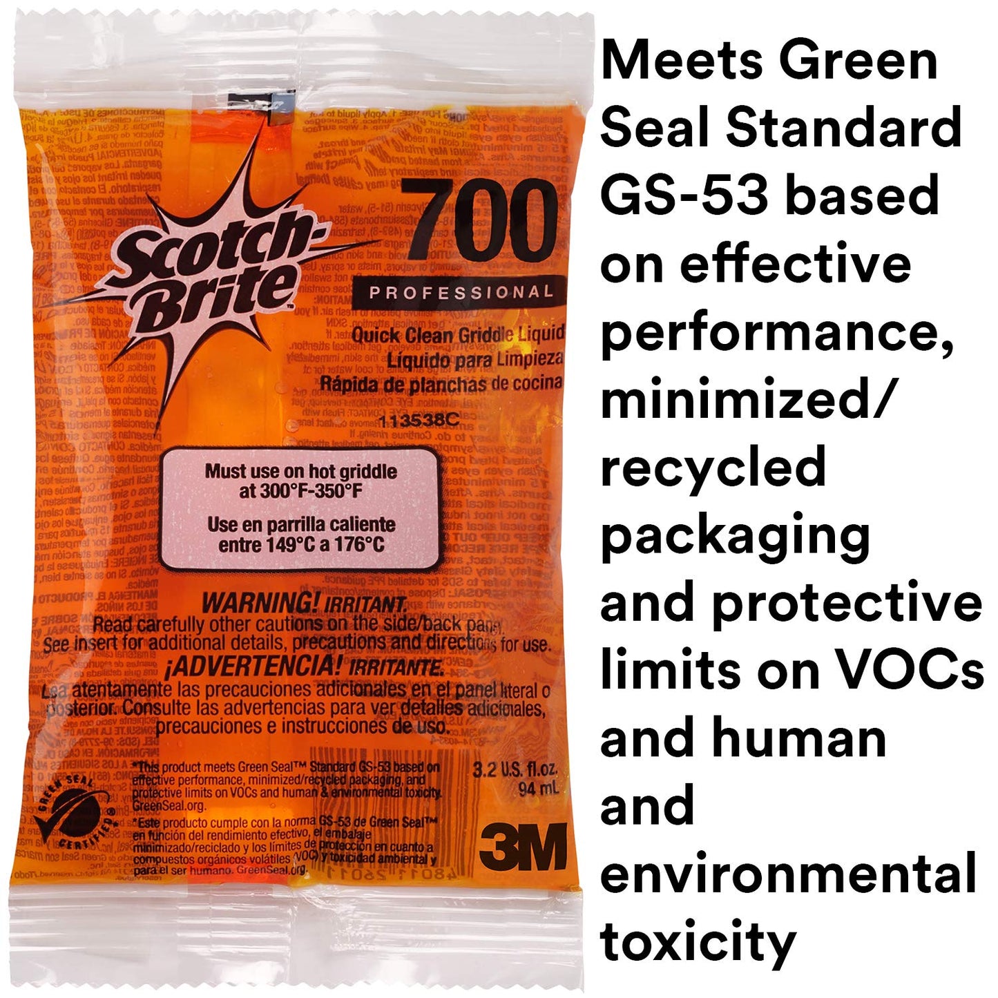 3M Scotch-Brite Griddle Cleaning, Quick Clean Liquid 700-40, 3.2 Oz Packet, 40/Pack, Heavy Duty, Cleans in 3-5 Minutes, for Baked on Food and Cooking Oils, Use on Hot or Cool Griddle
