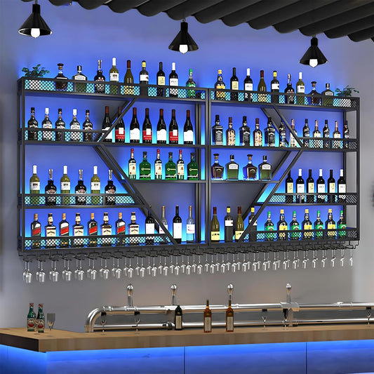 79inch Metal Wine Rack Wall Mounted, Modern Wine Storage Rack Wall Mounted with Wine Glass Holder, Liquor Shelf, Bar Shelves for Liquor Bottles (4 Tiers Black, 79 * 7.87 * 48.5INCH)