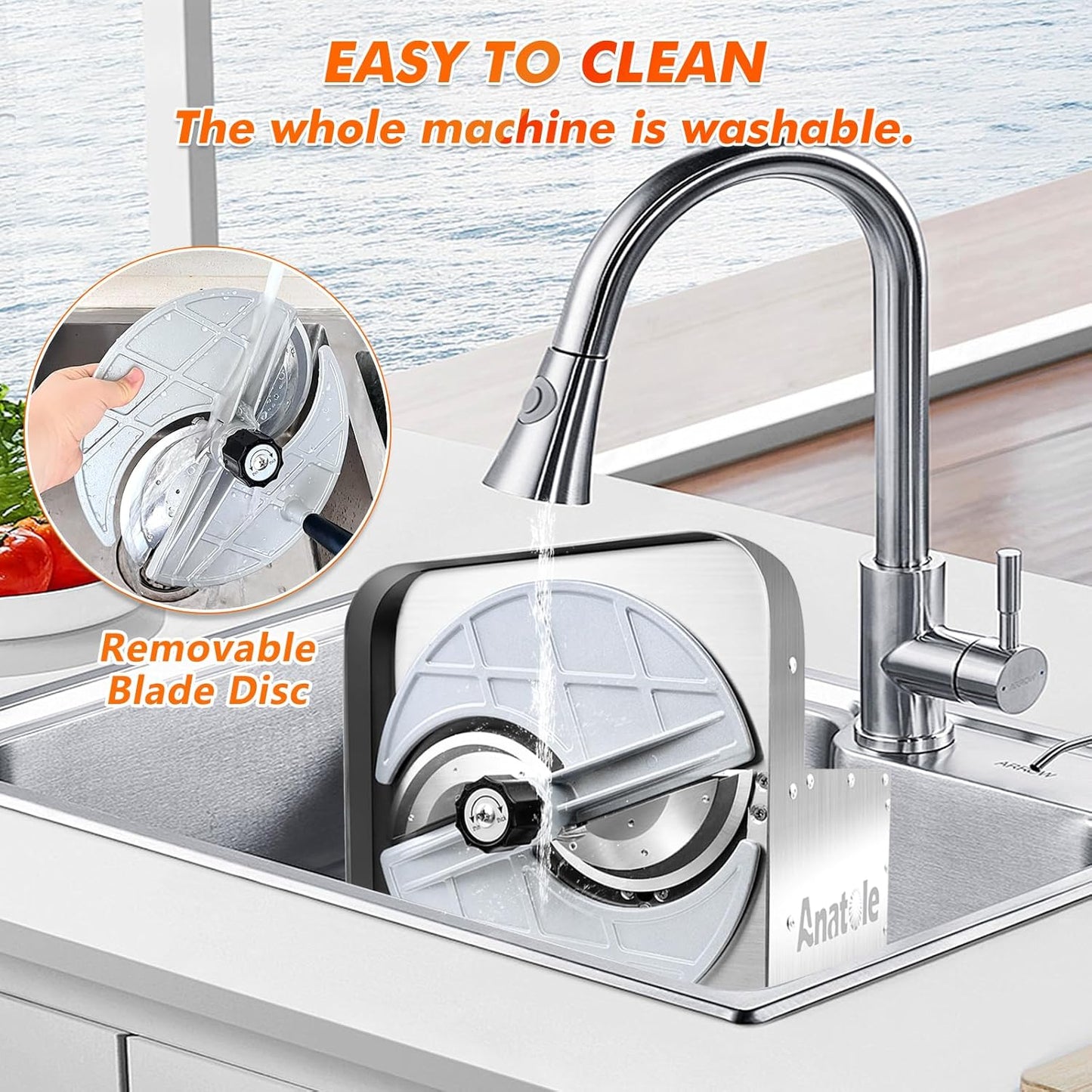 Anatole Commercial Vegetable Slicer Stainless Steel 0-0.4'' Thickness Adjustable Manual Veggie Fruit Cutter for Tomato Onion Potato Cabbage Lime Orange