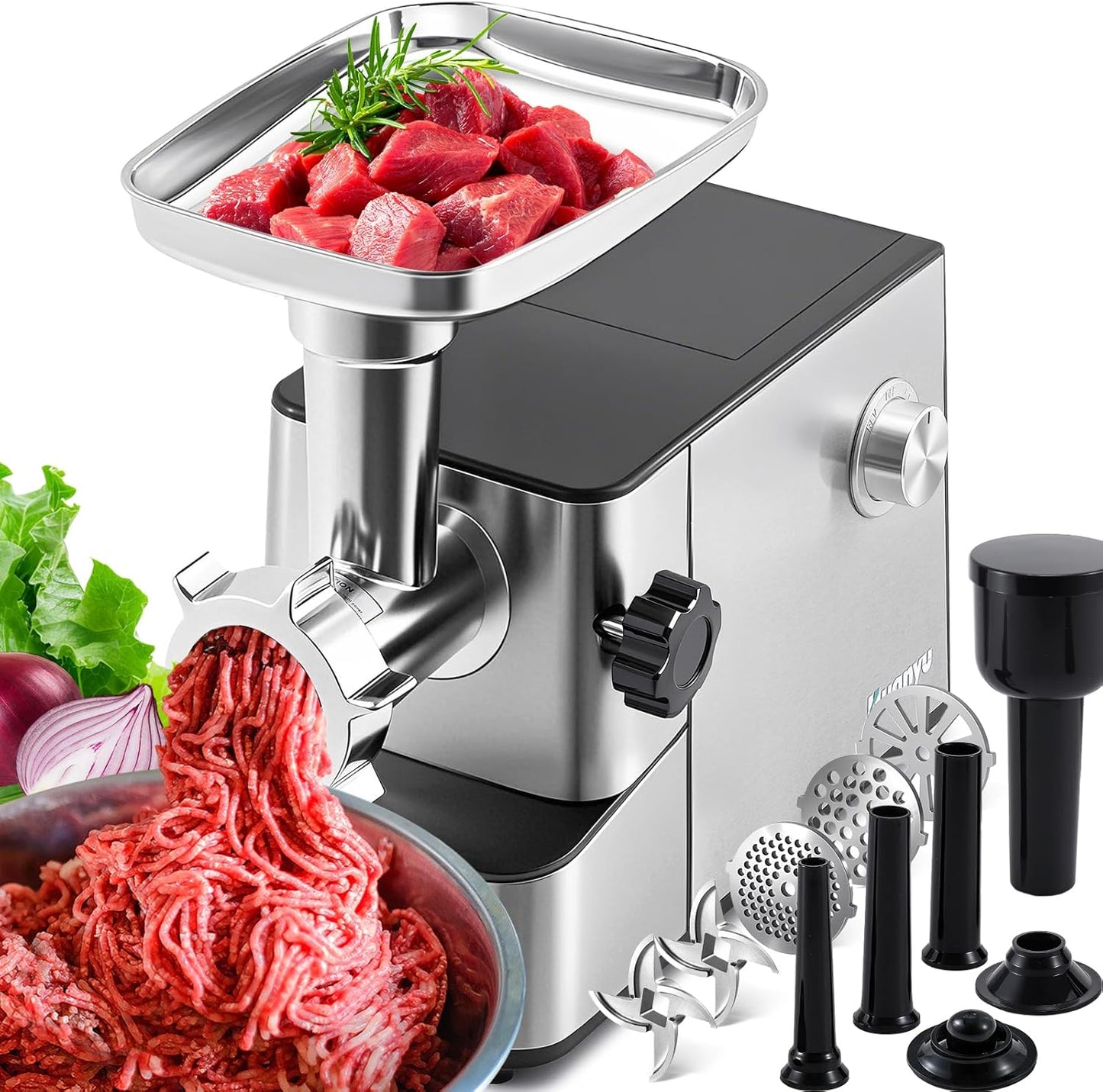 Huanyu Electric Meat Grinder 3200W Max Power, Built-in Storage, Heavy Duty, 2 Blades, 3 Plates, Sausage Tubes and Kubbe Kit #10 Outlet for Home Use