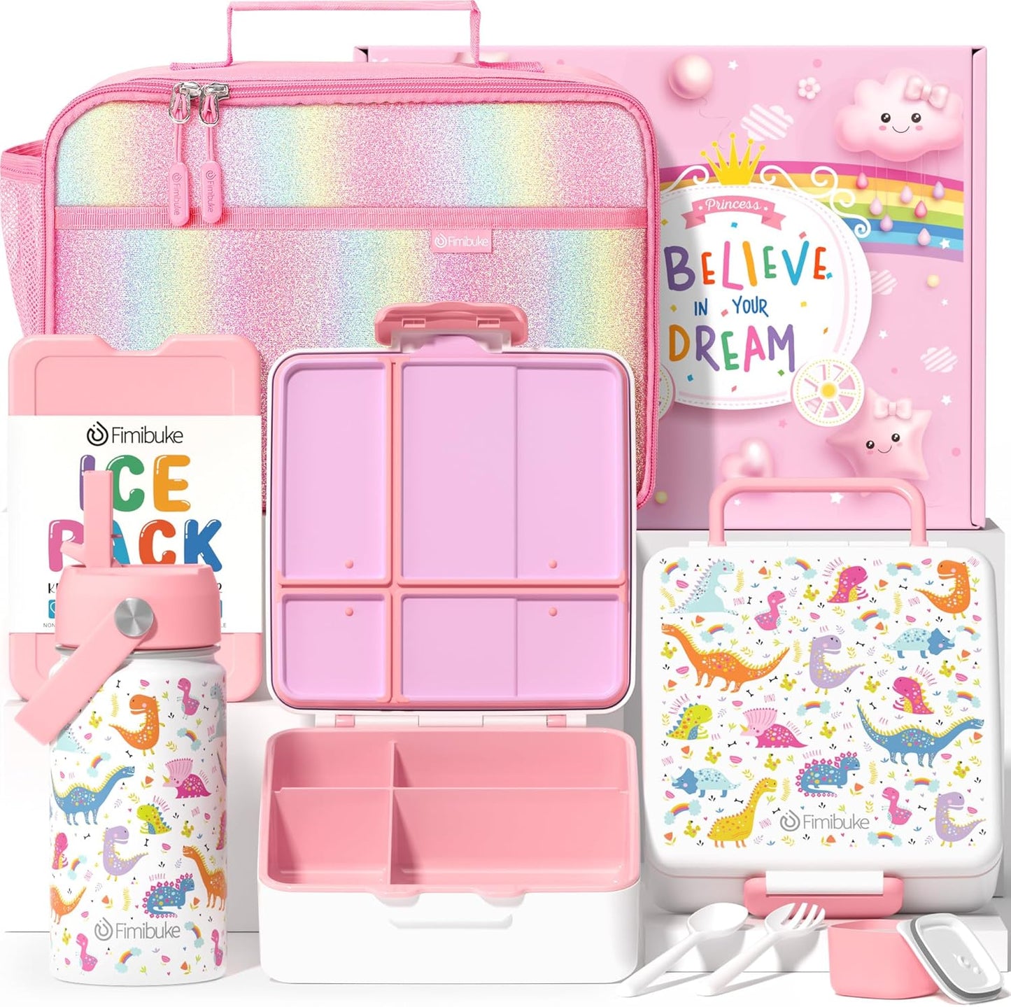 Fimibuke Kids Bento Lunch Box with 4 Compartments, Insulated lunch Bag, Stainless Steel Insulated Water Bottle, Ice Pack & Utensils Set, Birthday Gifts for Ages 3-12 Back to School Toddler Girls Boys