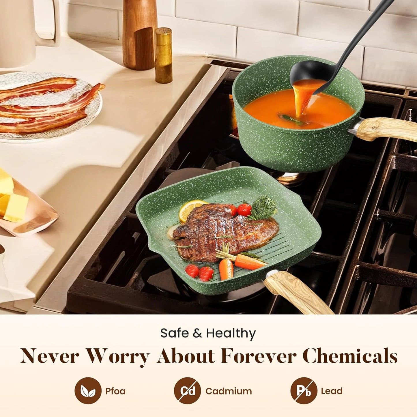 Kitchen Academy 17 Pieces Induction Cookware Set with Griddle, Green Granite Pots and Pans Set Non Stick, Healthy Nonstick Cooking Pans Set