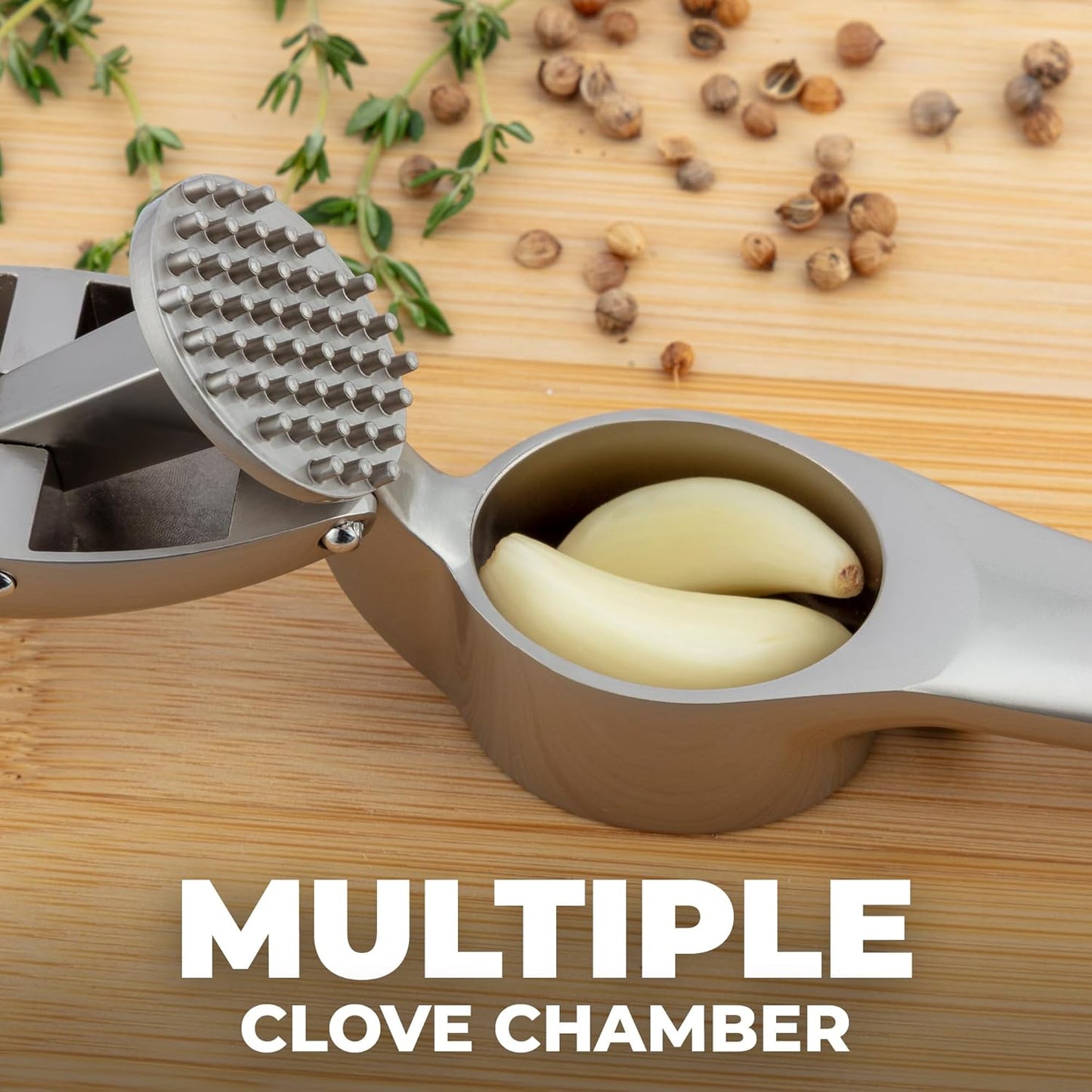 Zulay Kitchen Premium Garlic Press Set – Rust Proof & Dishwasher Safe Garlic Mincer Tool with Silicone Garlic Peeler & Brush, Easy Squeeze & Clean, Ergonomic Soft Grip Handle - Medium – Silver