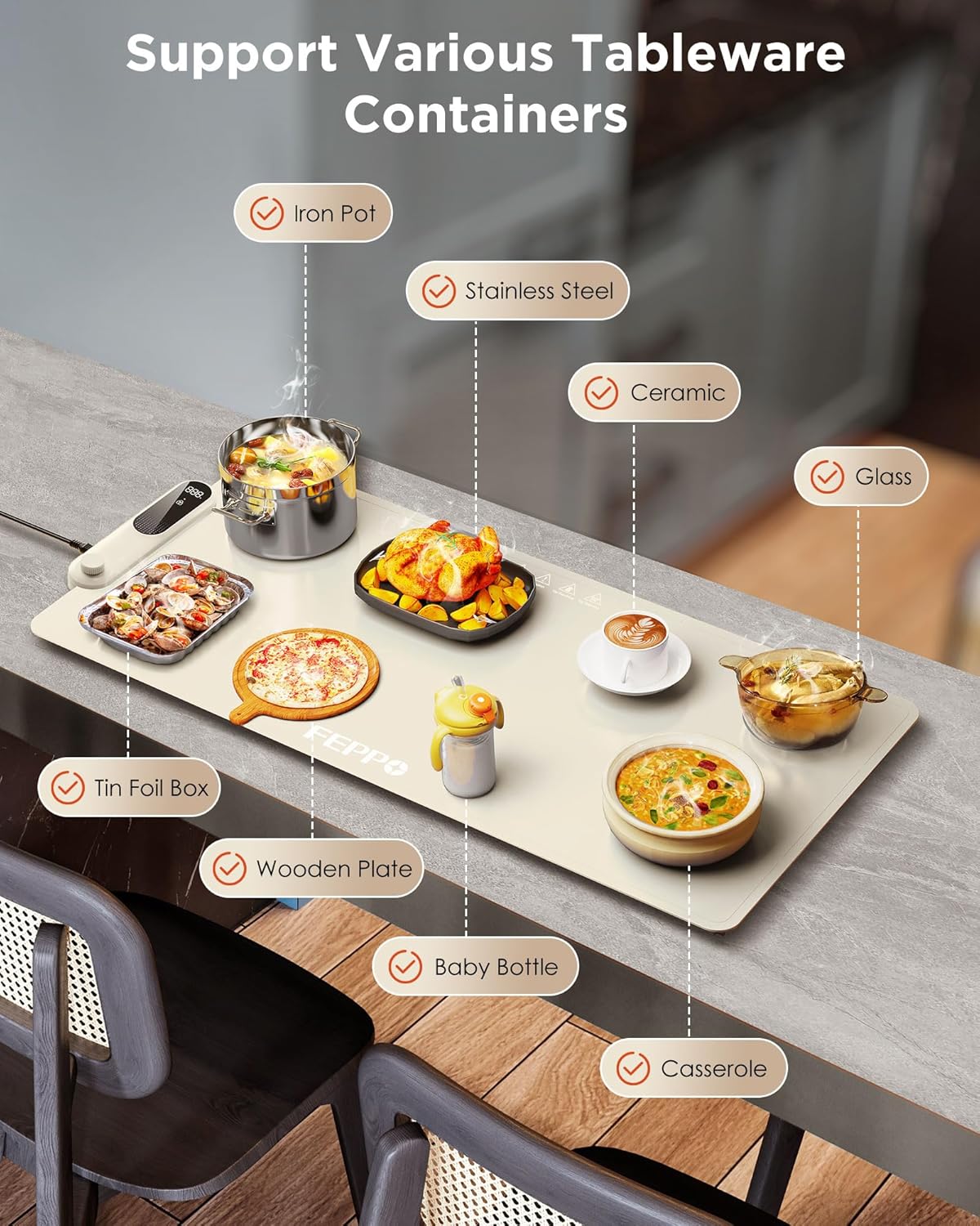 FEPPO Food Warming Mat, (XXL 35”x16”) Electric Warming Trays for Buffets Party, Fast Full-Surface Heating Mat for Food with 19 Level Adjustable Temperature and 6 Hours Timer, Roll Up Food Warmer