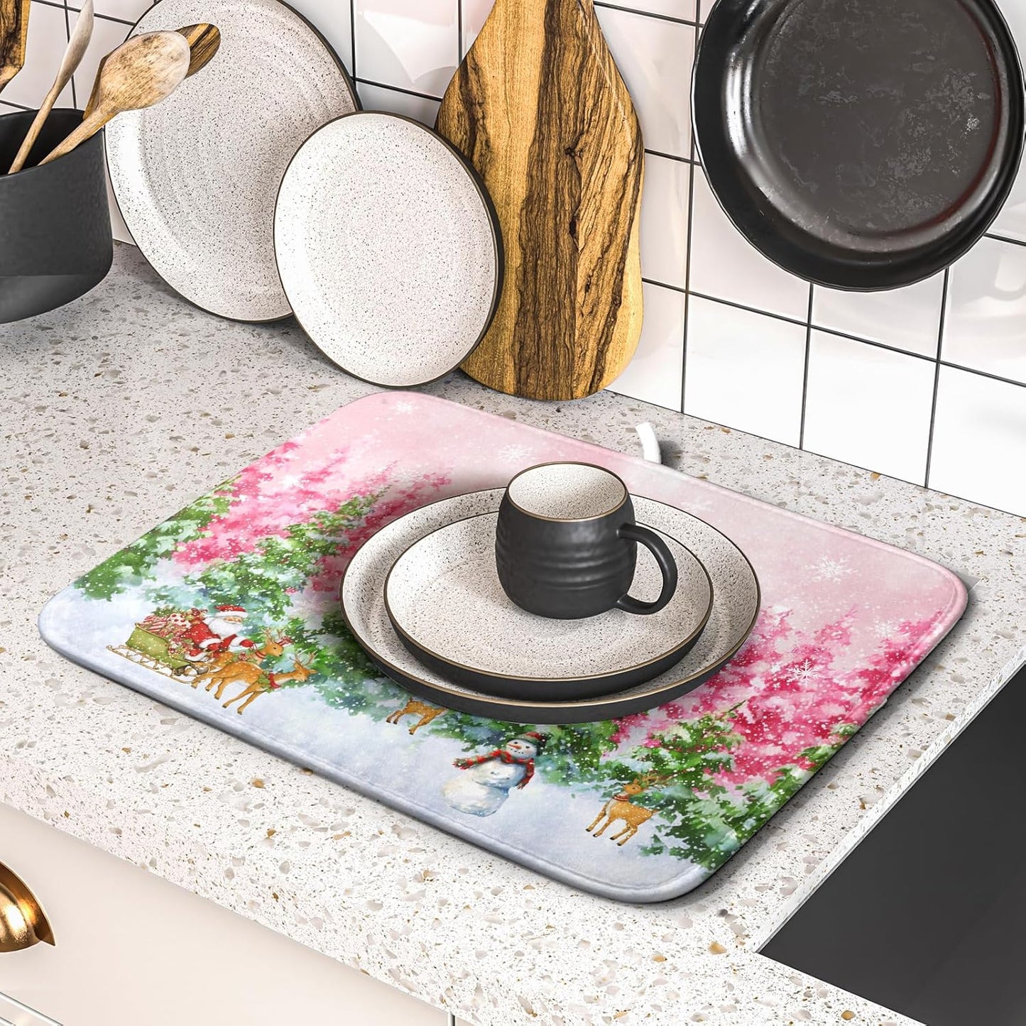 Santa Claus Dish Drying Mats for Kitchen Counter Watercolor Forest Decoration Coffee Mat for Table Decor