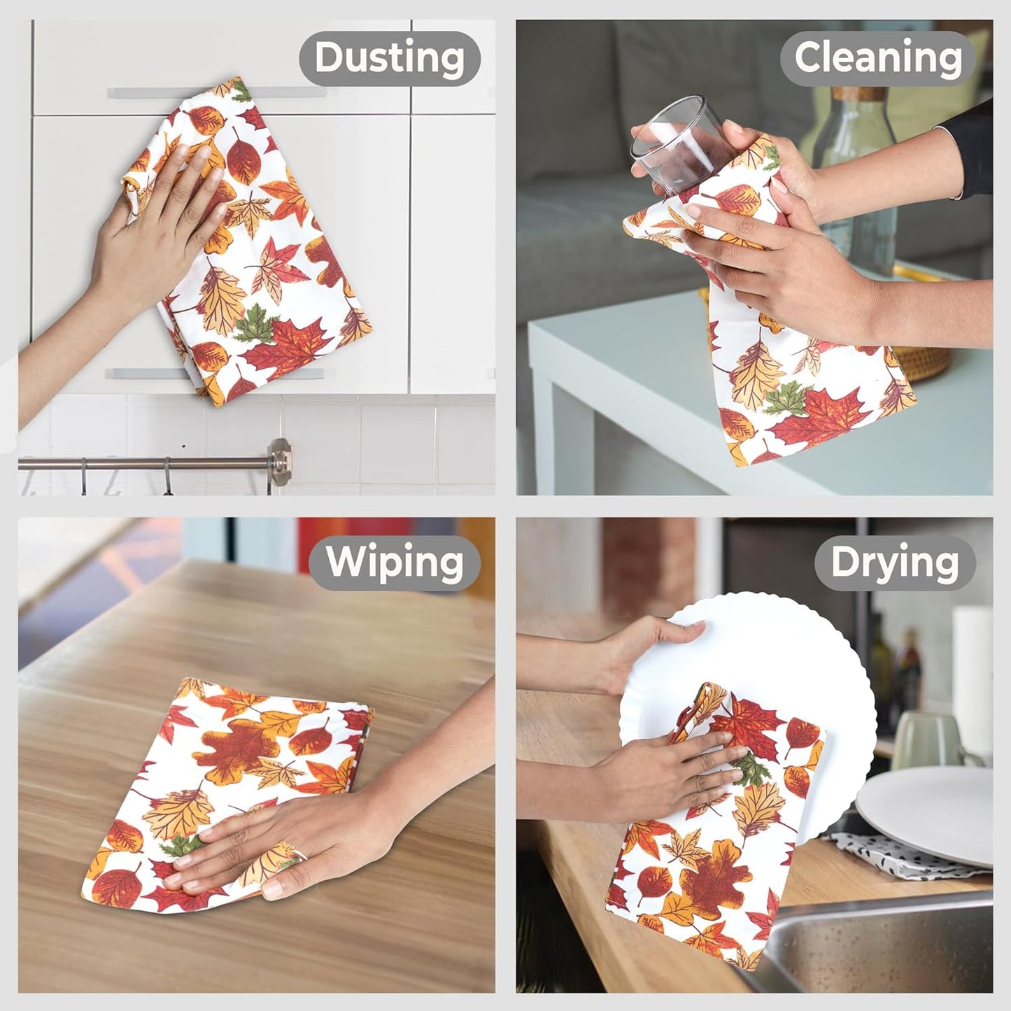Urban Villa Fall Kitchen Towels Harvest Leaves Print Dish Towels Set of 6 20" X30” 100% Cotton Highly Absorbent Quick Drying Dish Cloths & Dish Towels Thanks Giving Tea Towels with Hanging Loop