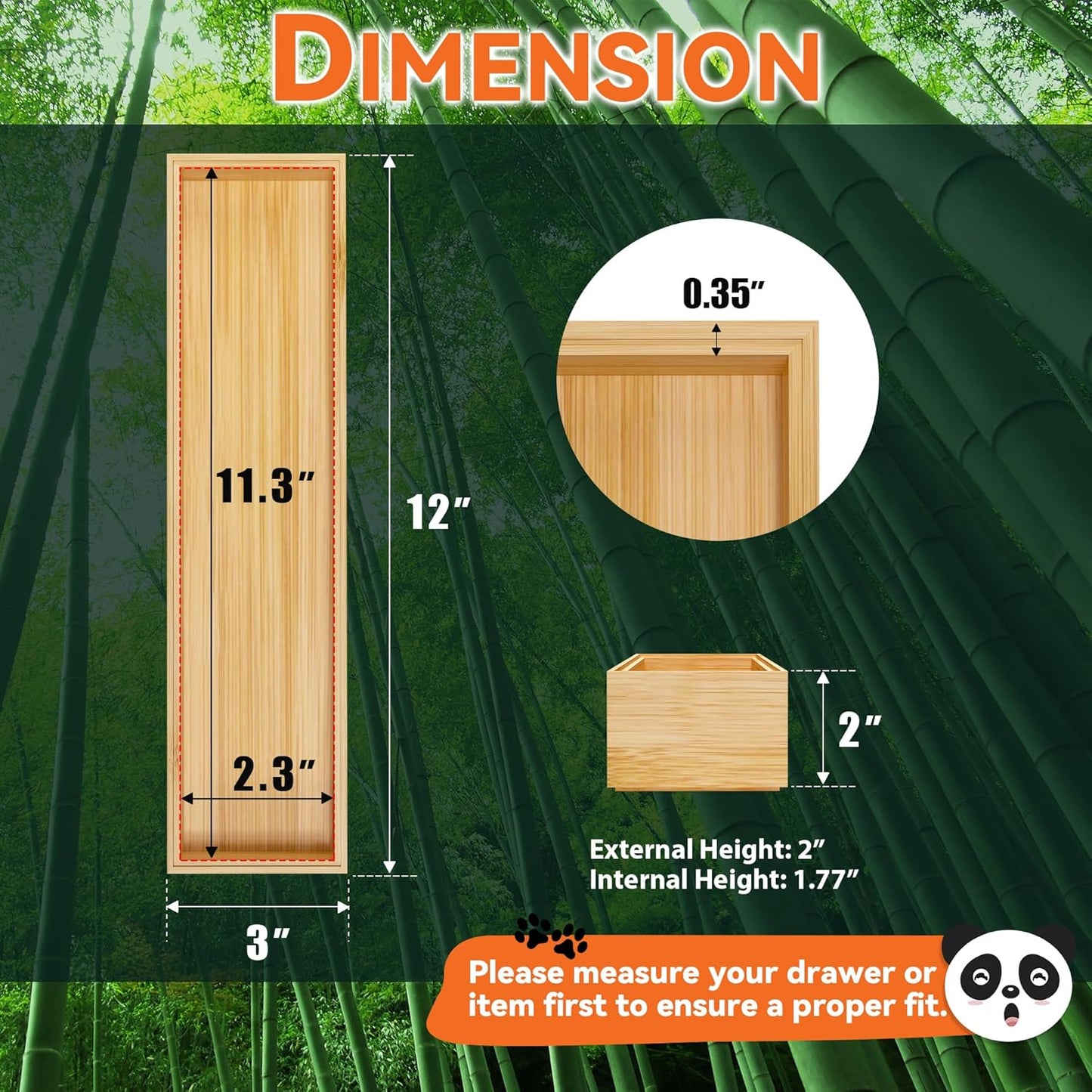 Bamboo Drawer Organizer, Narrow Stackable Cutlery Tray for Kitchen, 2 Pcs Silverware & Utensil Box, 12" x 3" x 2" (Outer), 11.3" x 2.3" x 1.77" (Inner)